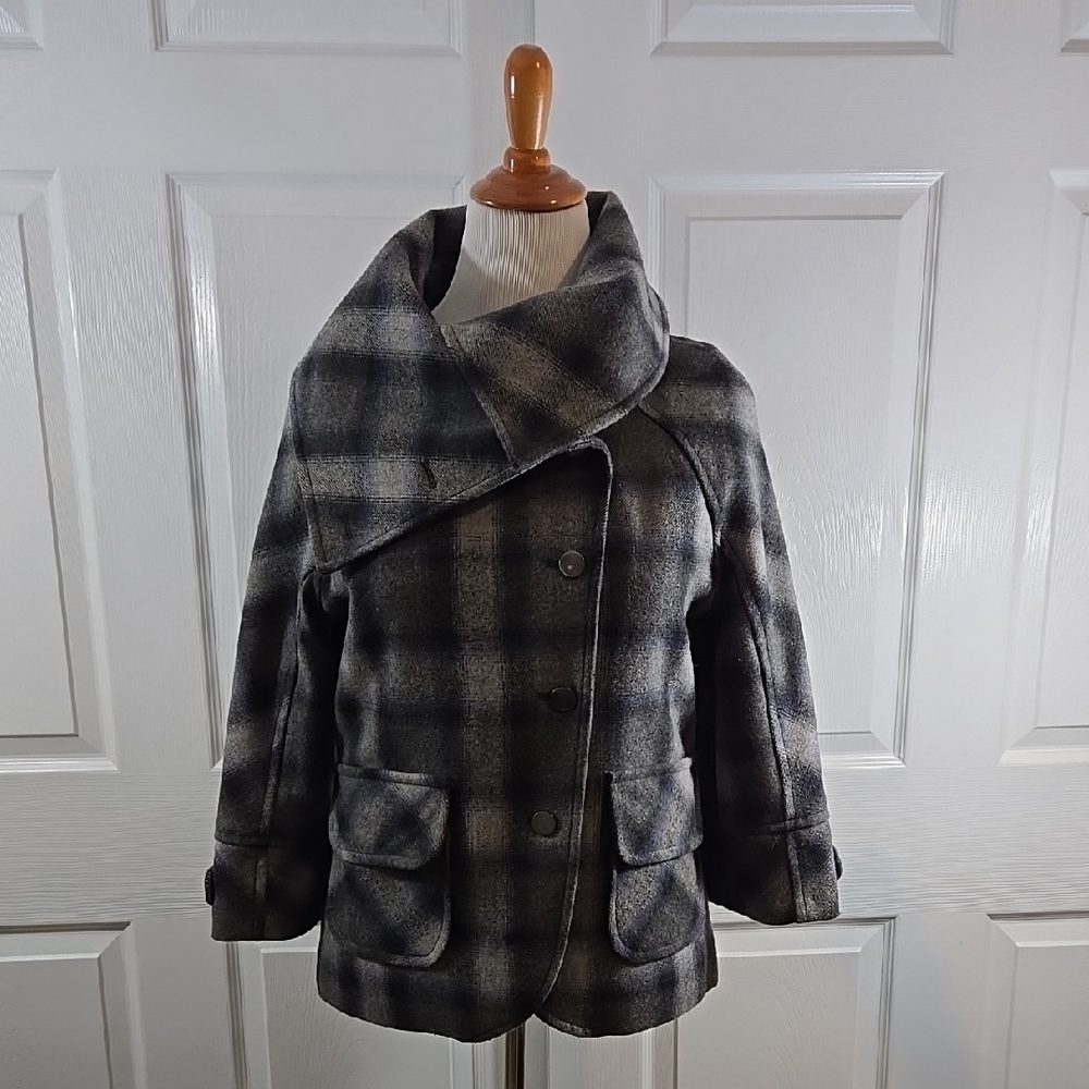 DKNY Gray Plaid Pea Coat